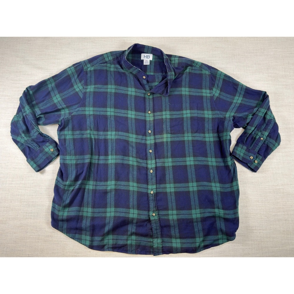 HB Mens 3XL Flannel Blue Green Plaid Cotton Button Down Long Slv